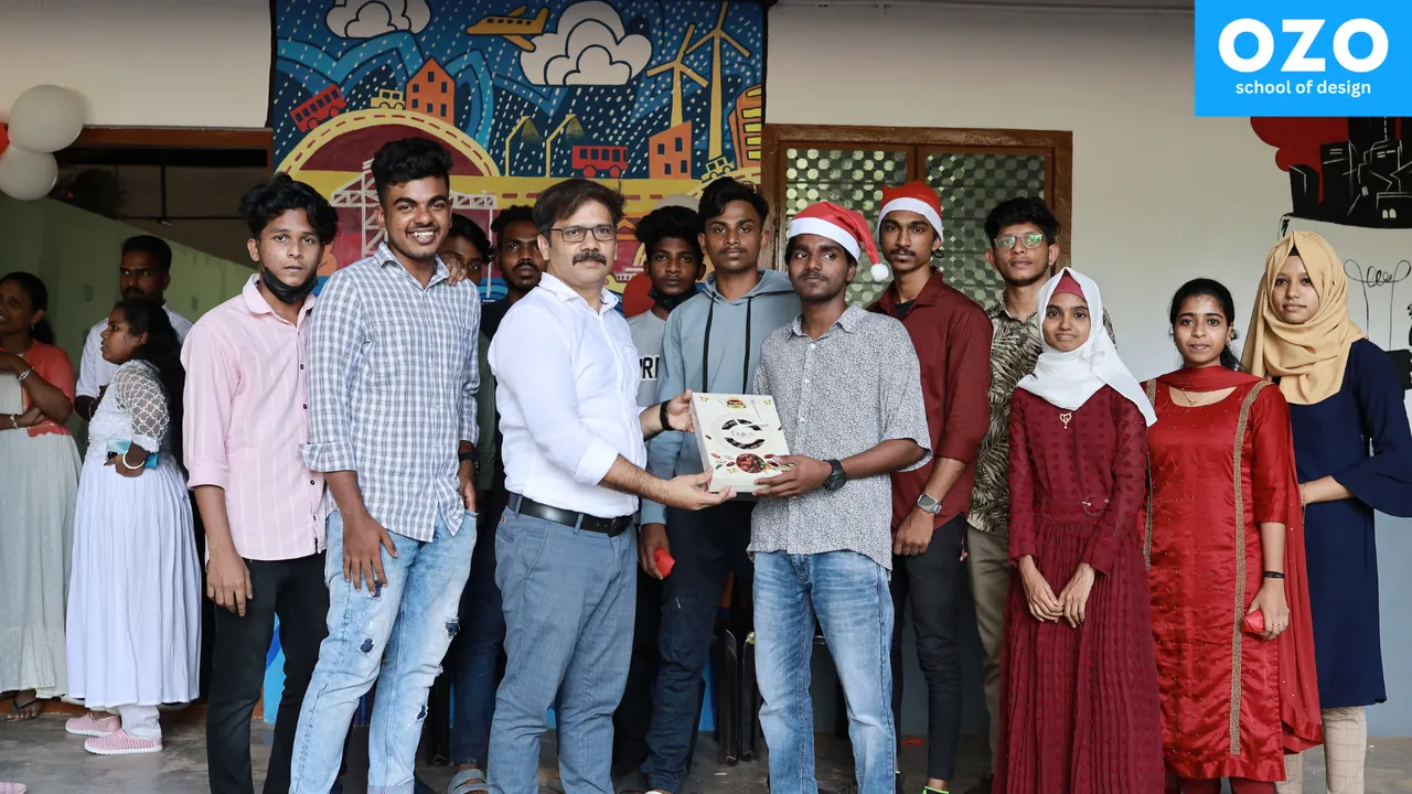 Students and faculty exchanging Christmas gifts