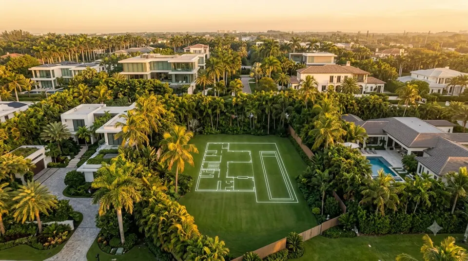 Key frame 1: an empty lawn with a glowing white site plan