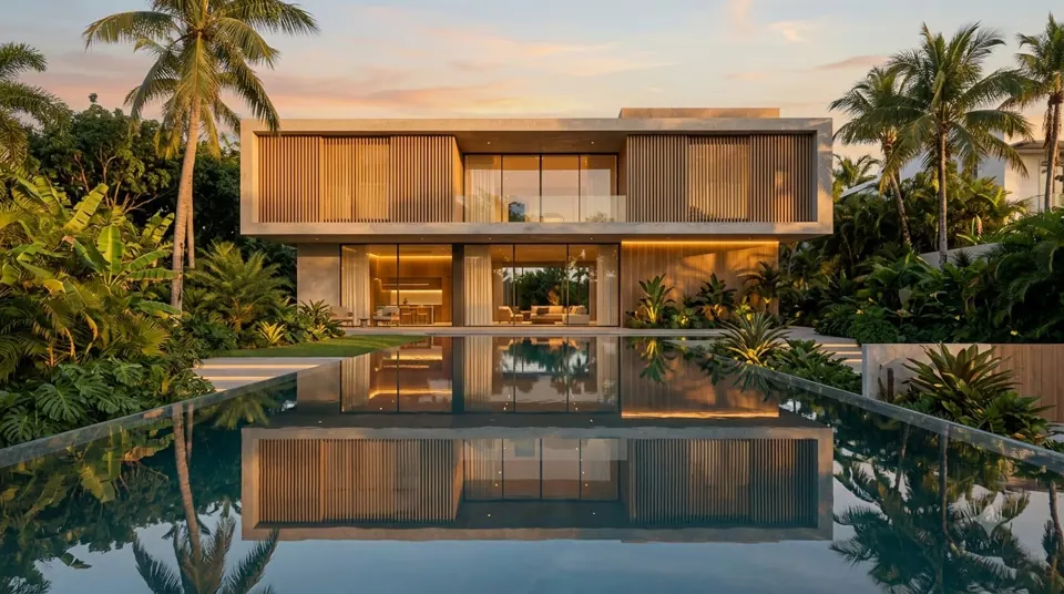 Key frame 3: symmetric view of the villa across the pool