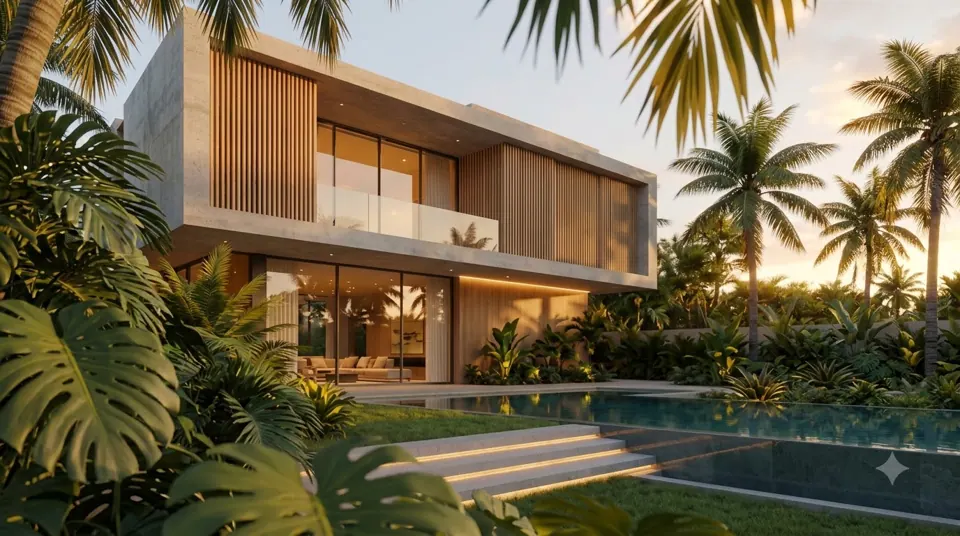 Key frame 4: the villa seen past tropical leaves