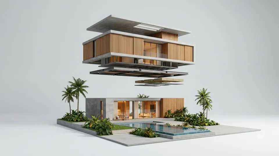 Key frame 5: the villa as an exploded model in a studio