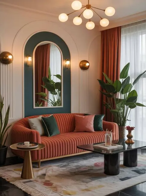 A living room with an arched mirror, coral sofa and brass wall lights