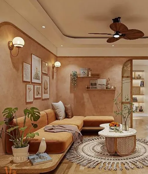 A warm terracotta living room with an arched niche