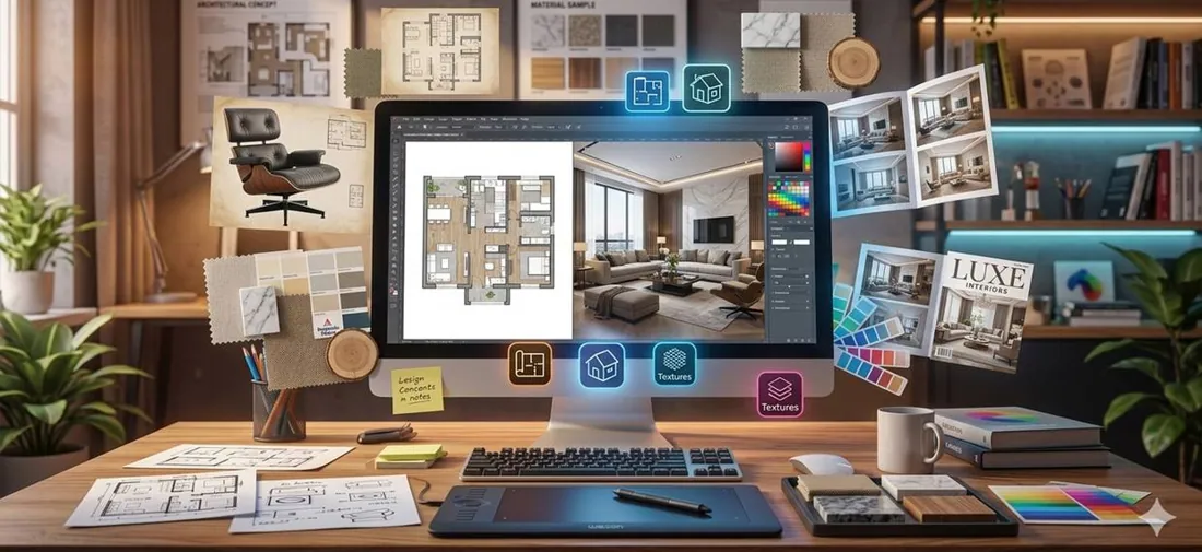 An interior designer’s desk with plans, swatches and a render on screen